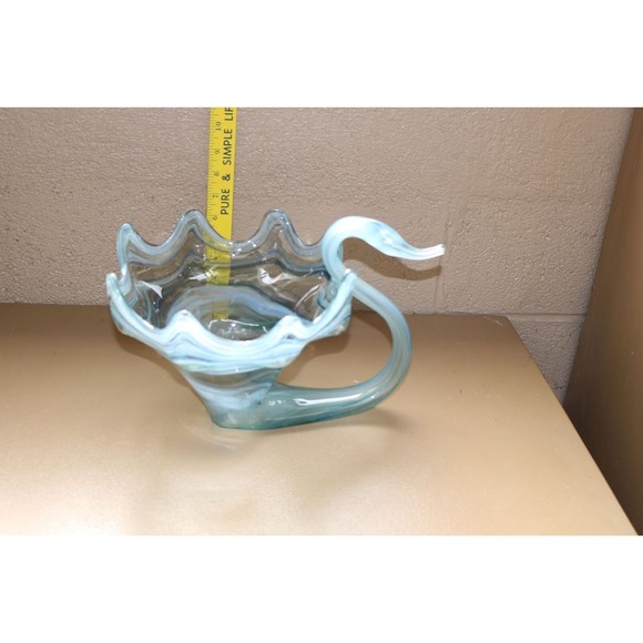 1970s Sooner Glass Multi Color Blue Swirl Swan Bowl with Ruffled Rim - Picture 8 of 9